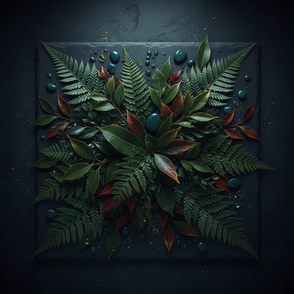 New Zealand native ferns on dark slate - natural wellness backdrop