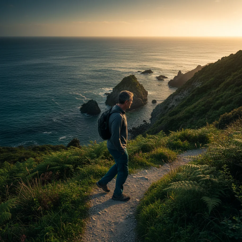 Man walking along a New Zealand coastal path at golden hour - active ageing lifestyle